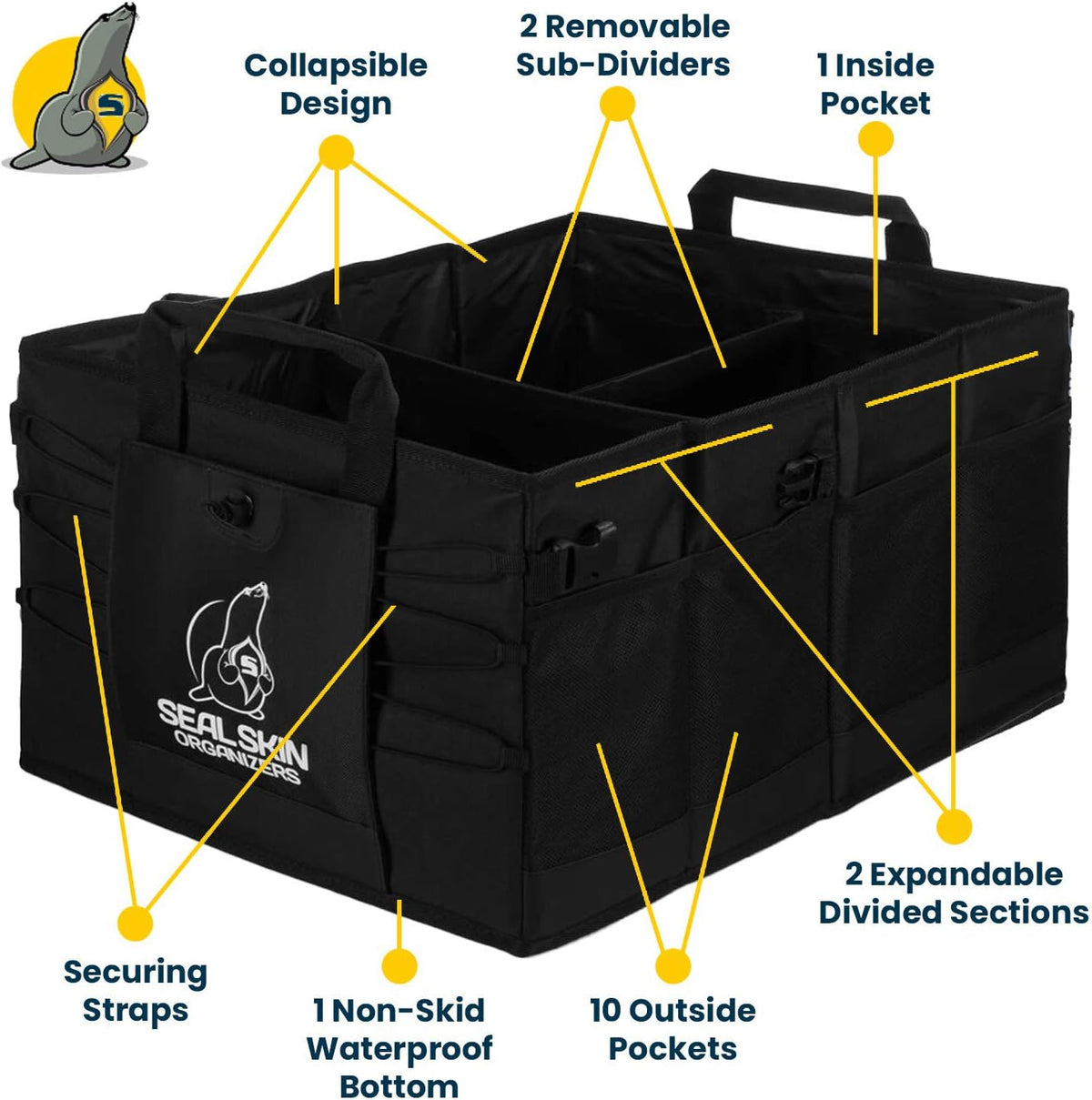 Seal Skin Covers Trunk Organizer for SUV, Car & Truck - Premium Heavy Duty and Collapsible with 3 Adjustable Sizes - Lightweight and Portable Storage Organizer - Easy to Use and Install in Any Vehicle