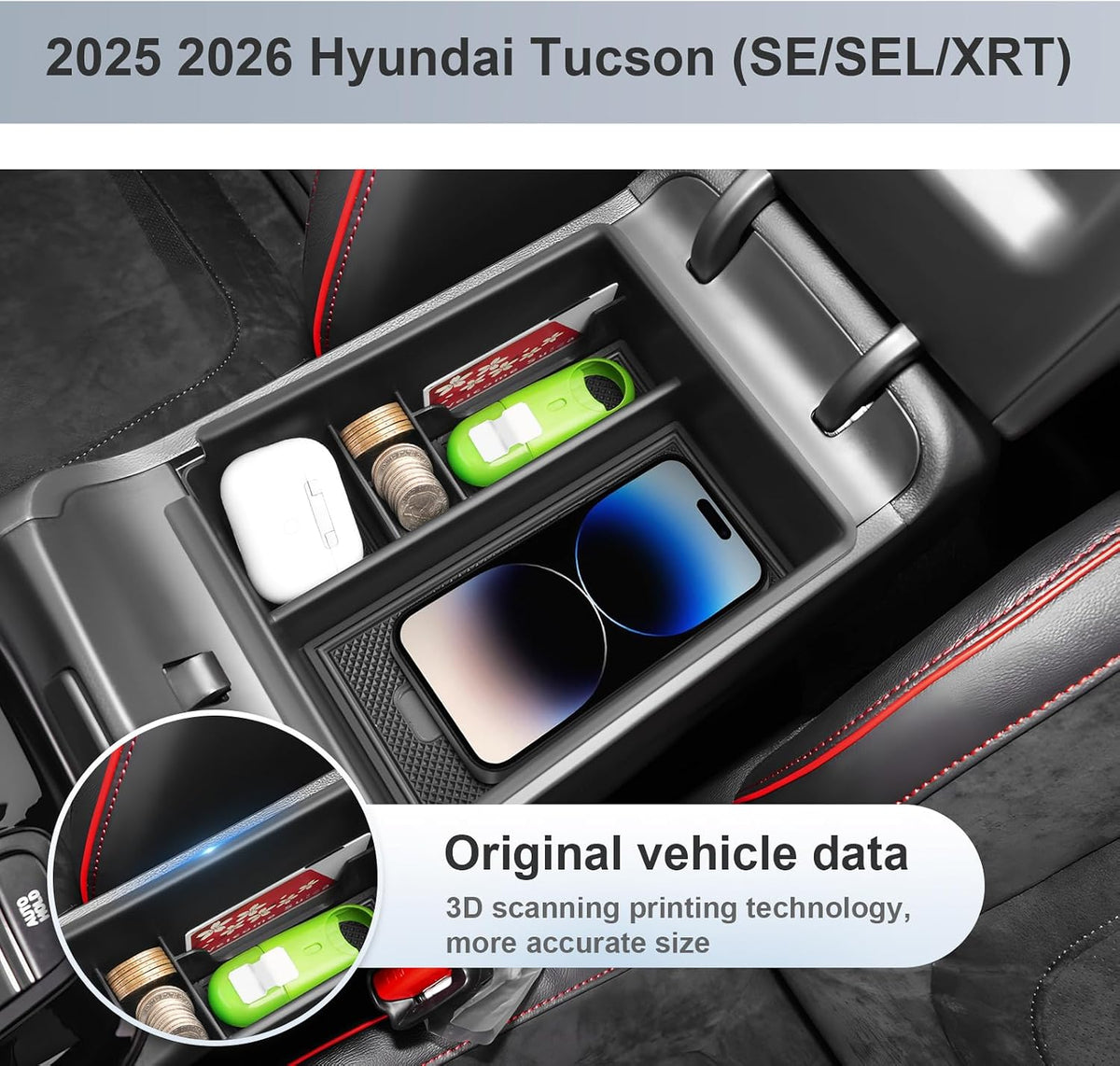 SKTU for 2025 2026 Hyundai Tucson Center Console Organizer for 2025 2026 Hyundai Tucson (SE/SEL/XRT) Console Tray 2025 2026 Tucson Accessories Insert ABS Armrest Storage Box with Coin Holder (Black)