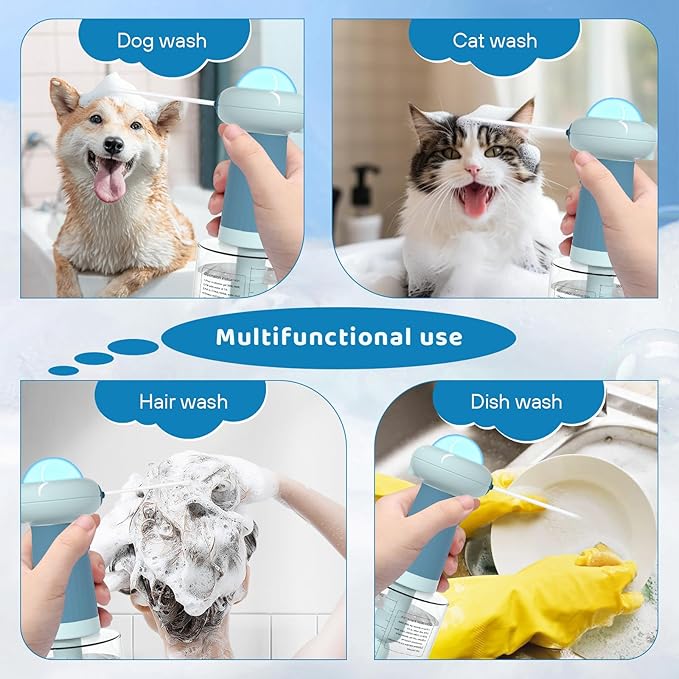 Electric Dog Shampoo Dispenser,IPX7 Cat Shampoo Sprayer,Pet Bath Supplies Automatic Foaming Shampoo Dispenser for Dog Deep Cleaing,Kitchen Sink，Bathroom Blue