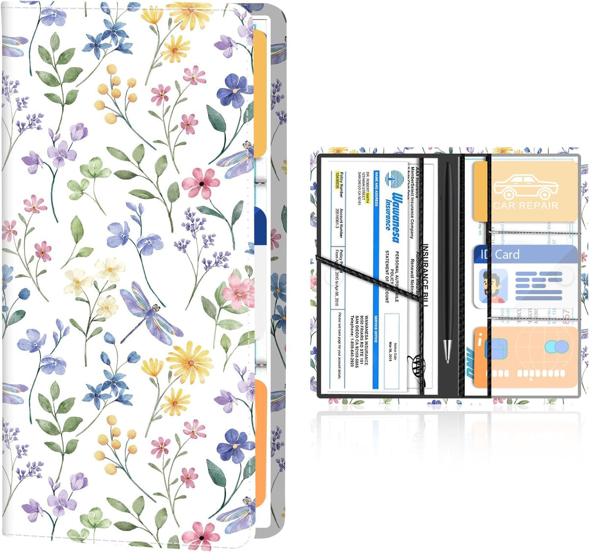 Premium Leather Car Registration and Insurance Card Holder with Magnetic Shut, Cute Vehicle License Document Glove Box Compartment Organizer Cool Car Accessories Black Daisy Floral