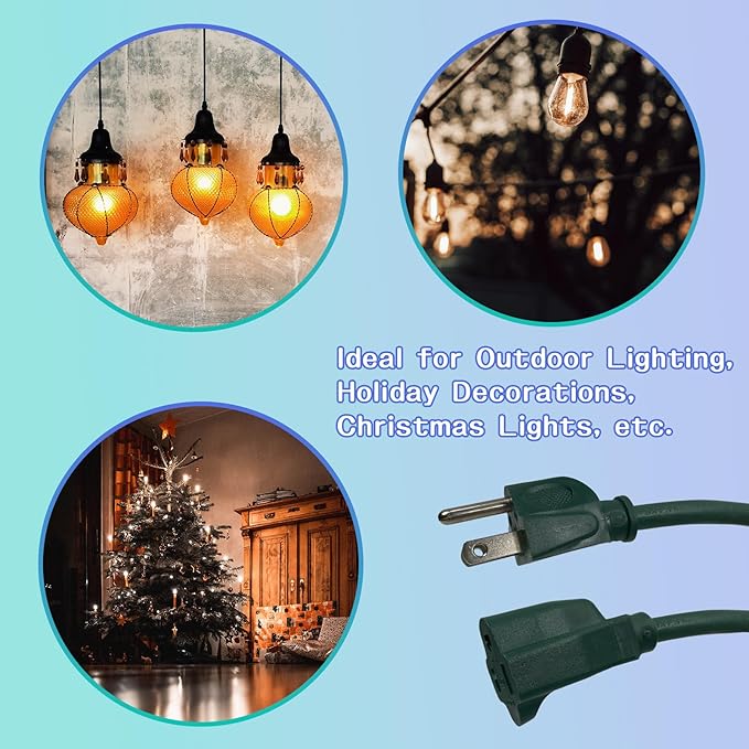 Indoor Outdoor Extension Cord 6 FT, 16/3 SJTW Weatherproof Green Electrical Cords, 13 AMP Heavy Duty 3 Prong Power Cable Great for Garden, Landscaping & Holiday Decorations