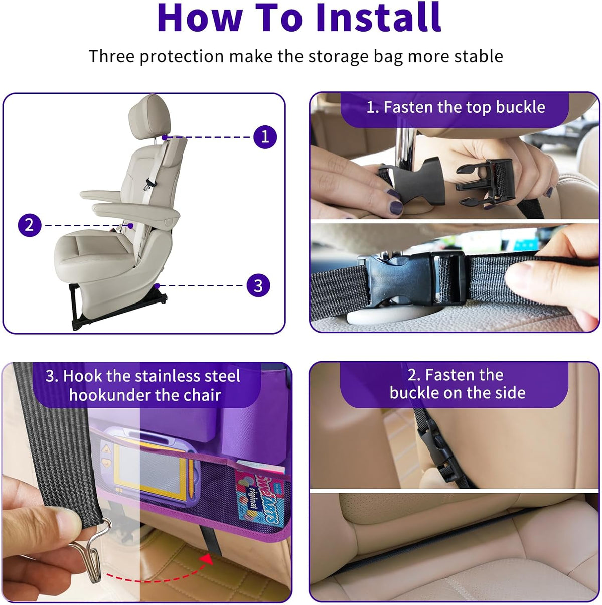 Car Backseat Organizer with Tray, Seat Back Table Holder with 6 Storage Pockets, Car Seat Back Protectors Kick Mats Travel Accessories, 1 Pc Purple
