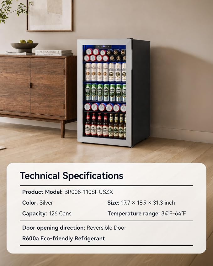 Feelfunn Beverage Refrigerator Cooler - 126 Can Mini Fridge Glass Door for Drinks Soda Beer Wine - Small Refrigerator for Office Bedroom Home Bar, 4 Adjustable Shelves, 3.2 Cu.Ft, Silver