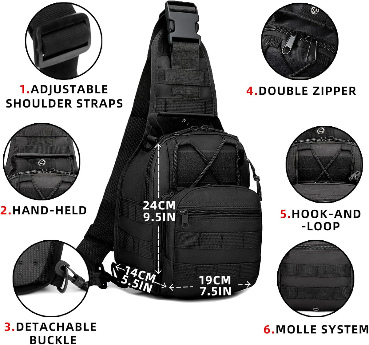 J.SH Tactical Sling Bag, Military MOLLE System Crossbody Bag, Waterproof Durable High-Density Nylon Material, 4-in-1 Carry Design, for Hiking, Cycling, Travel, Commuting, Outdoor and EDC - Black