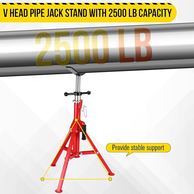 V Head Pipe Jack Stand, Heavy Duty Pipe Stand, 2500LB Jack Stands Carbon Steel with Portable Folding Legs 28-52 Inch Height Adjustable 1/8"-12" Capacity