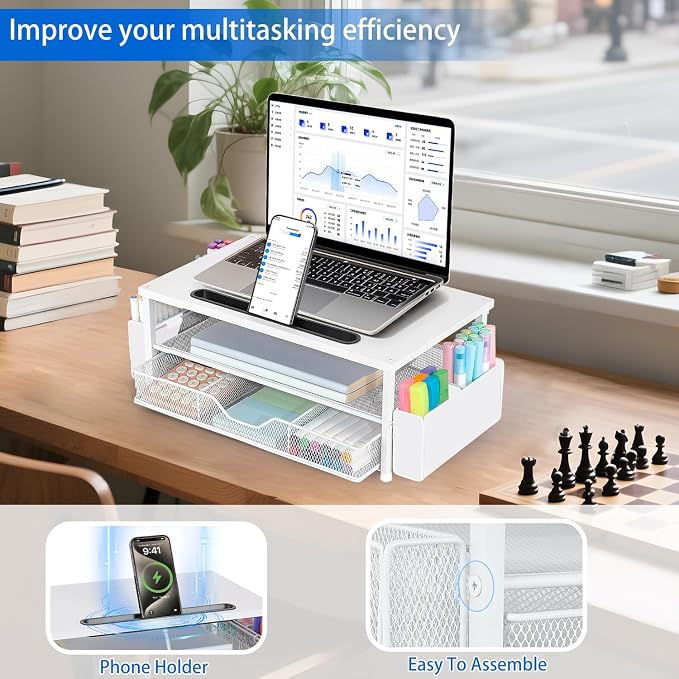 AUPSEN White Monitor Stand Riser, 2-Tier Wood Computer Desk Organizer