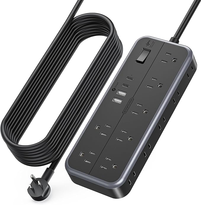 NTONPOWER 25 FT Extension Cord 10 Widely Spaced Outlets, 4 USB Port(2 USB C Port), Ultra Thin Flat Plug Extension Cords 25 Feet, Long Extension Cord for Home Office Garage, Black