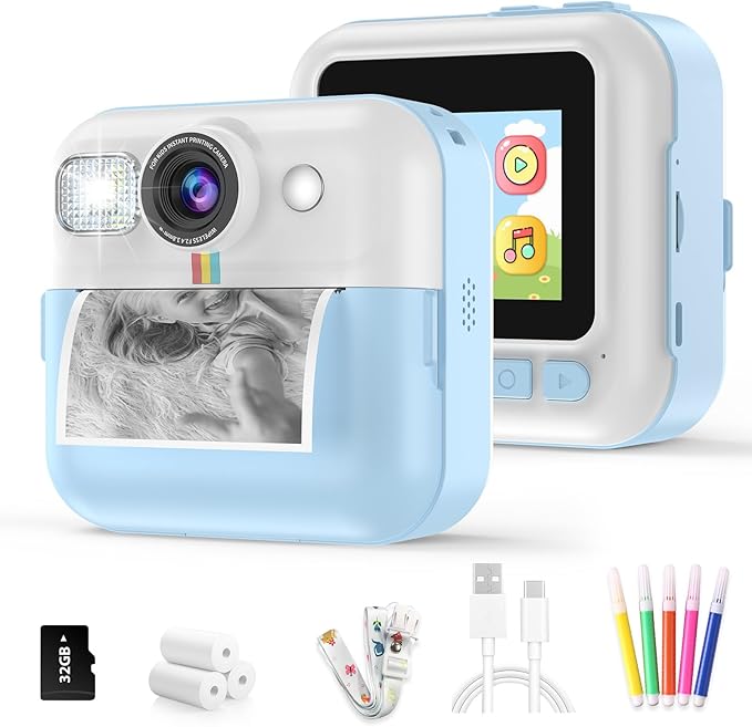 Kid Camera for Boys, Portable Toddler Blue Printing Camera Toy 1080P Video