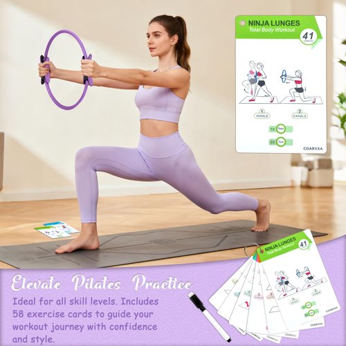 COARVXA Pilates Kit for Women Pilates Equipment Ring and Ball Set Magic Circle Hoop with 5 Resistance Bands Chair Yoga Workouts Starter Set Accessories with 58 Exercise Cards (Purple)