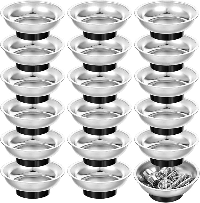 16 Pack 3" Round Magnetic Bowl Trays Set, Round Magnetic Parts Bowl, Stainless Steel Magnet Tool Tray Parts Holder for Screws, Sockets, Bolts, Pins, Mechanic's and Automotive
