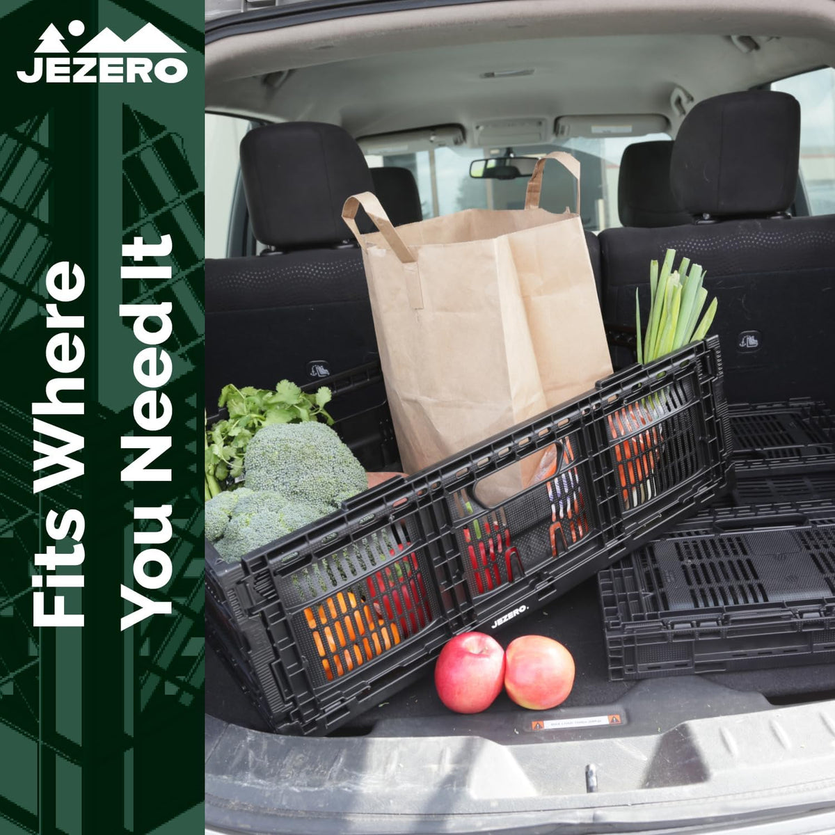 JEZERO Medium Collapsible Plastic Storage Crate – Stackable Utility Bin with Folding Walls for Garage, Closet, Car Trunk, and Home Organization | Black, 24" x 16" x 8"