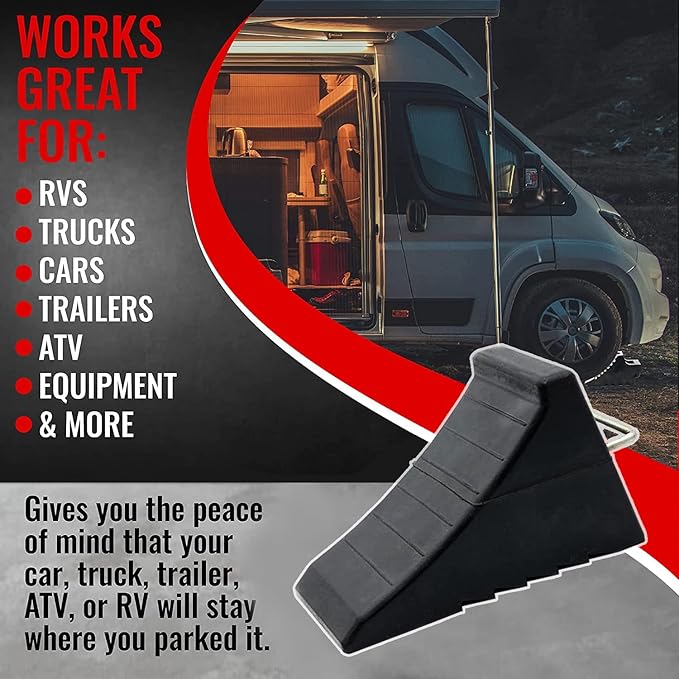 AFA Tooling - Heavy Duty Rubber Wheel Chocks w/Steel Tie Off Handles - RV Wheel Chock for Front & Back Tires - Quick Grip Ribbed Design - Great for Your Camper, Trailer, RV, Truck, Car or ATV - 4 Pack