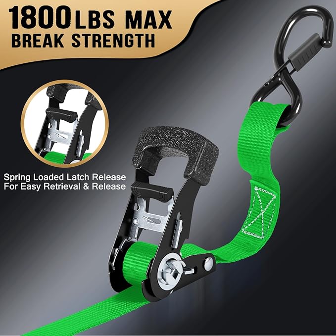 Ratchet Straps - Heavy Duty Tie Downs Straps - 1 Inch x 15 Feet 4 Pack - Safety S Hooks & Soft Loops, 1800LBS Break Strength for Men, Trucks Cargo Moving appliances Motorcycle ATV (Green)