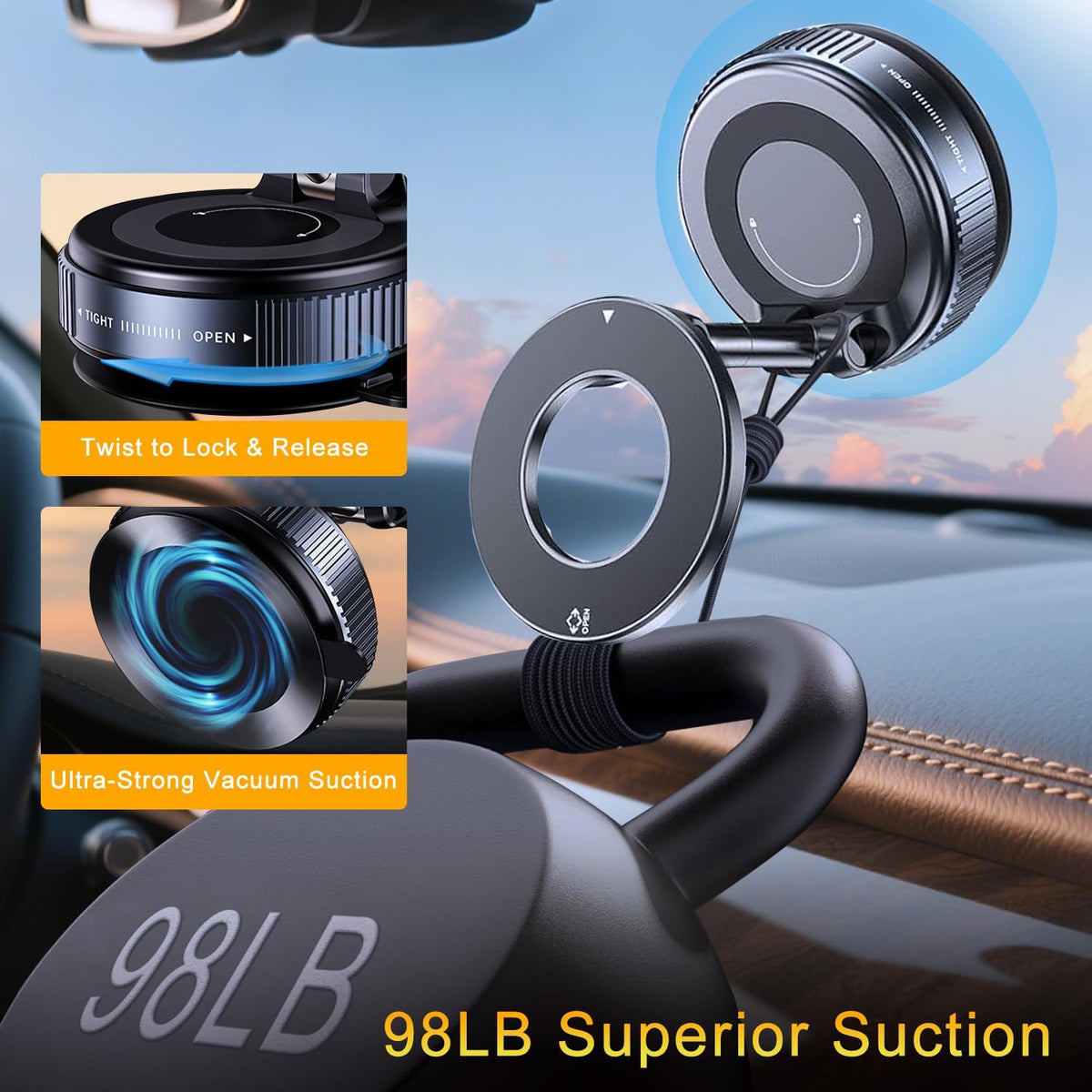 Vacuum Magnetic Phone Holder for Car, Dual-Axis & 360 Adjustable