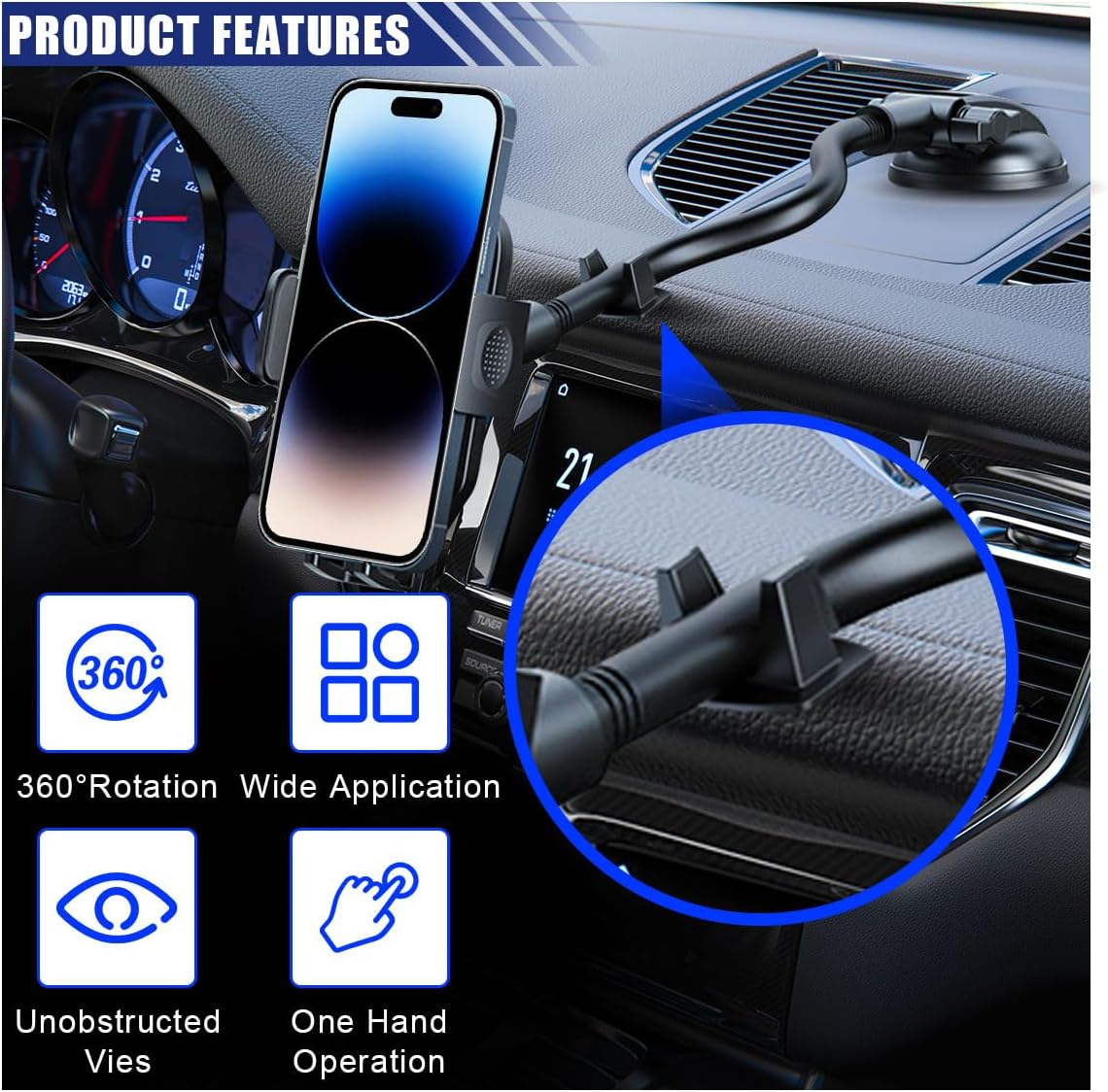 LAINLOY Car Phone Holder Mount, 12 Inch Gooseneck Long Arm Cell Phone Holder, Windshield Window, Dashboard Anti-Shake Handsfree Stand with Strong Suction Cup, Fit for Most iPhone (L005L)