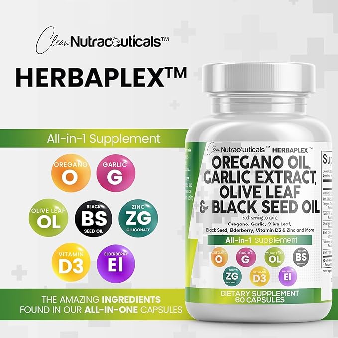 Clean Nutraceuticals Oregano Oil Garlic Extract Olive Leaf Black Seed Oil- Immune Support & Digestive Health Supplement for Women and Men with Vitamin D3 & Zinc - 5Pack