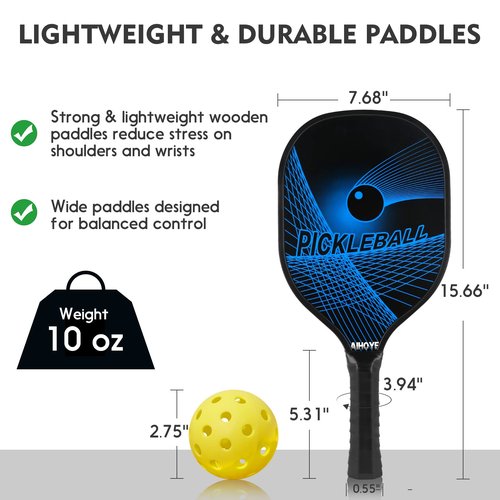 Aihoye Pickleball Paddles Set of 4, Wooden Rackets with Cushion Grip, Indoor & Outdoor, 4 Balls & 1 Carry Bag