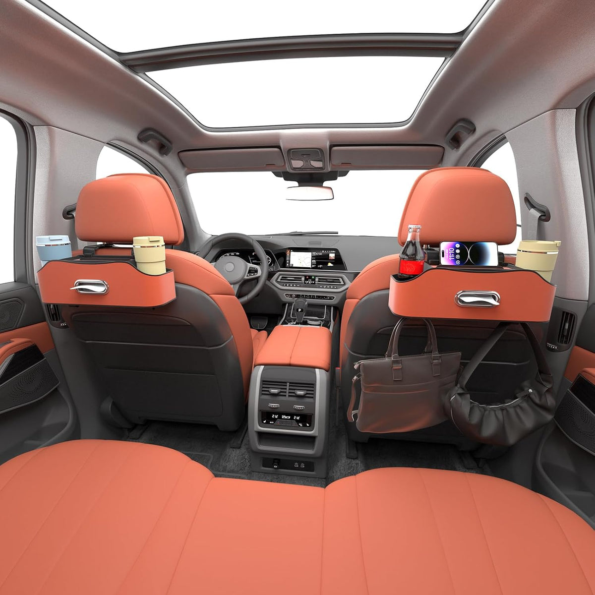 Back Seat Cup Holder for Car – Multifunctional Seat Back Organizer with Drink Holders, Tissue Box Storage & Hooks, Fits Headrest for Auto. (Orange)