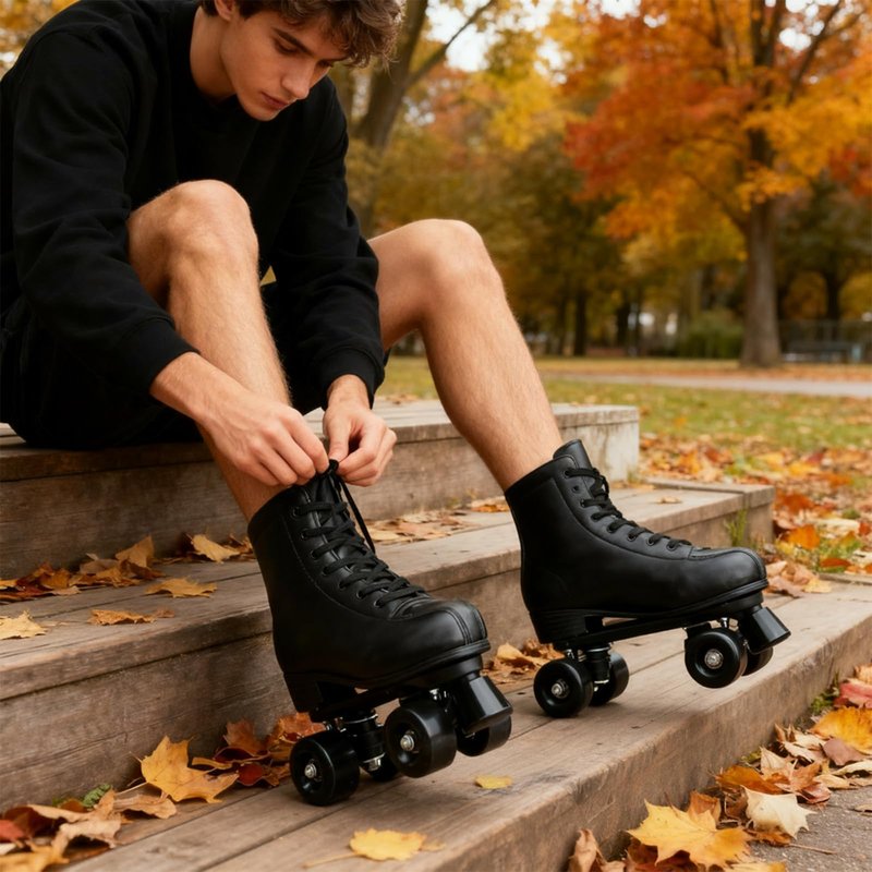 Womens Roller Skates Light Up Wheels, Artificial Leather Adjustable Double Row 4 Wheels Roller Skates Shiny Skates for Teens,Adult (Black Wheel,40-US: 8.5)