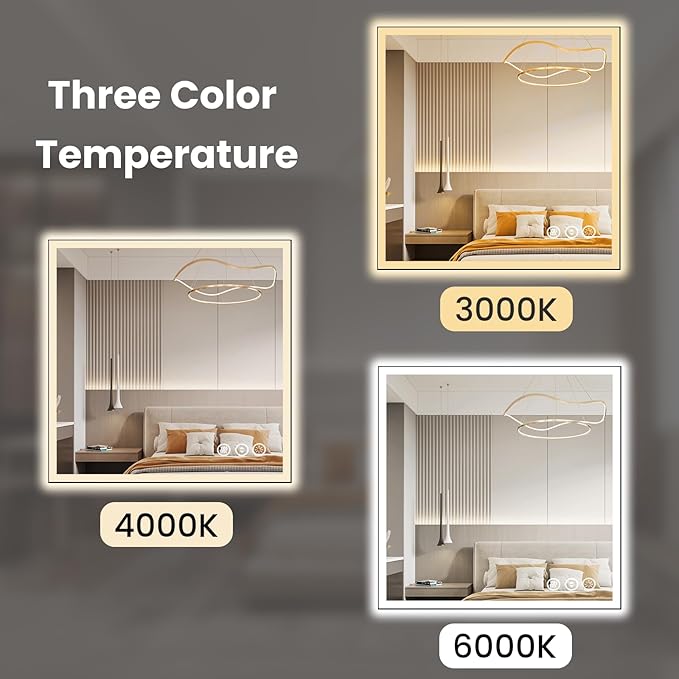 WTTY 36"X36" LED Bathroom Mirror with Black Frame, Bathroom Vanity Mirror with Lights for Wall, Front Light and Backlit, Anti-Fog, Dimmable, 3 Colors, Shatterproof, Memory, Horizontal/Vertical