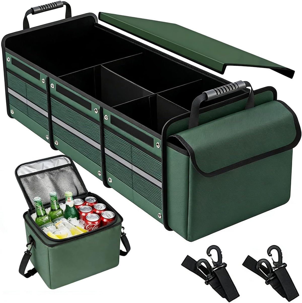 Car Trunk Organizer with Removable Cooler Bag - Collapsible Multi-Compartment Storage for SUV Truck Groceries Camping, Durable Nylon Auto Cargo Organizer (Green)