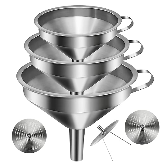 Stainless Steel Funnels for Kitchen Use, Kitchen Metal Funnel Set with Strainer Stainless Steel Funnels for Filling Bottles, Food Grade Funnel Set of 3 Transfer for Liquids Spices