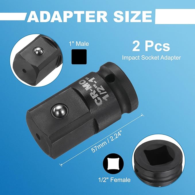 HARFINGTON 2pcs Impact Socket Adapter 1/2" Female to 1" Male Square Drive Increaser Standard SAE CR-MO Steel Converter Impact Driver Ratchet Wrench Breaker Bar Conversion, Black
