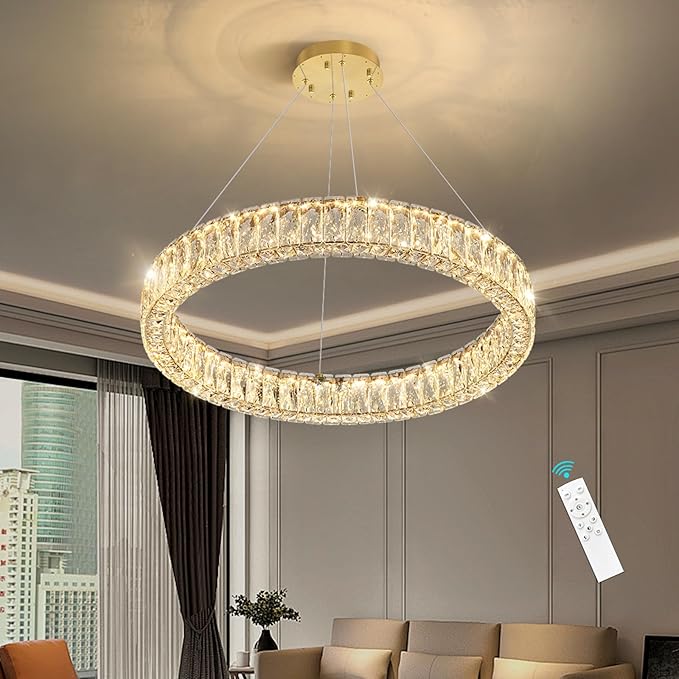 HAIXIANG Modern Crystal Chandelier Dimmable LED Ring Pendant Lights Adjustable