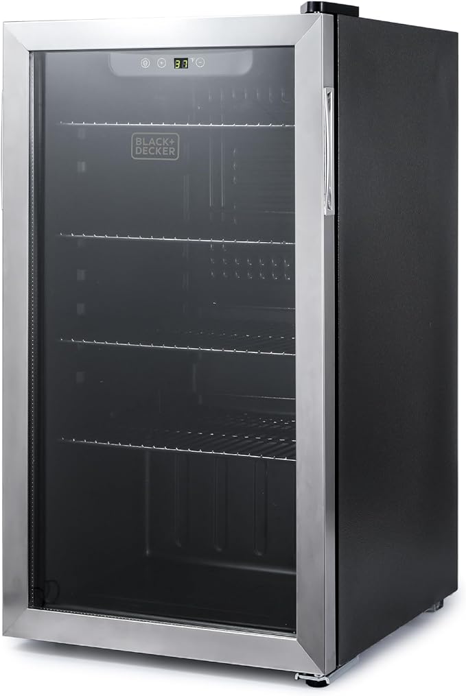 BLACK+DECKER 3.3 Cu. Ft. Beverage Cooler, BDB31HS | Beverage Fridge with Double Pane Glass Door, Drink Fridge with 112-Can Capacity for Home Bar and Home Office with LED Display