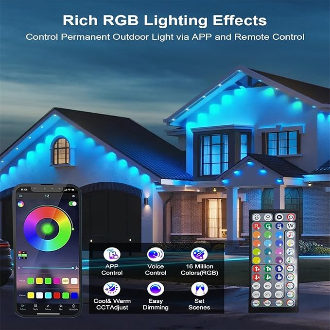 300FT Permanent Outdoor RGB Lights,IP67 Waterproof Smart LED Eaves Lights with App/Remote Control,for Christmas and All Holiday Decor,Daily and Accent Lighting,House Roof and Garden Lighting