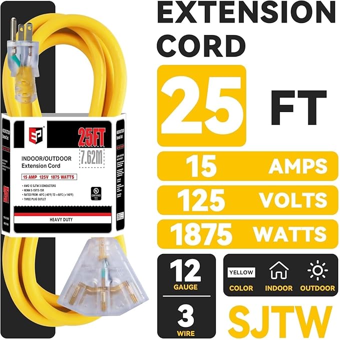 EP 25 Ft 12 Gauge Heavy Duty Extension Cord, 15A 125V 1875W, 3 Outlet Indoor/Outdoor Power Cord with Lighted End, 12/3 SJTW Weatherproof Yellow