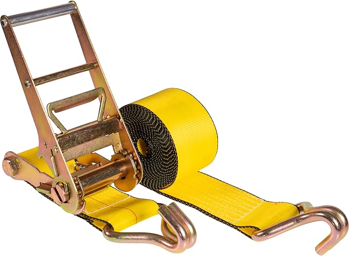 US Cargo Control J Hook Ratchet Strap 4 Inch x 27 Foot, 5,400 LBS Working Load Limit, Yellow 4 Inch Ratchet Straps Heavy Duty for Flatbed Trailers, Professional Flatbed Hauling
