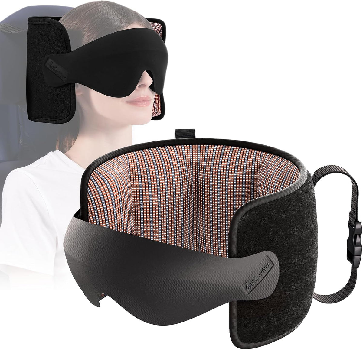 Travel Pillow for Airplanes Head Strap Support, 3D Eye Mask | 360 Airline Sleep Support Headrest Pillow No Bobbing Head Sleeping Aid Travel Essentials Long Flights/Car/Trip Mottled Red