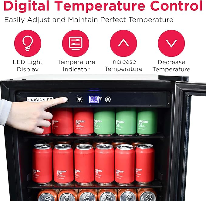 Frigidaire Beverage Refrigerator, Fridge with Glass Door, Compact Mini Fridge with Digital Temperature Control, Fits 115 Cans or 34 Bottles, 96L Capacity - 19.1" D x 17.5" W x 31.2" H