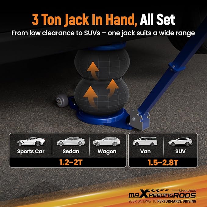 maXpeedingrods 3 Ton (6600 lbs) Air Jack Low Profile Pneumatic Jack, Lifting Range 4.72" to 14.17", with 3.15" Extension Adjustable Handle, Low Enough for Sports Cars Sedan Coupe Wagon