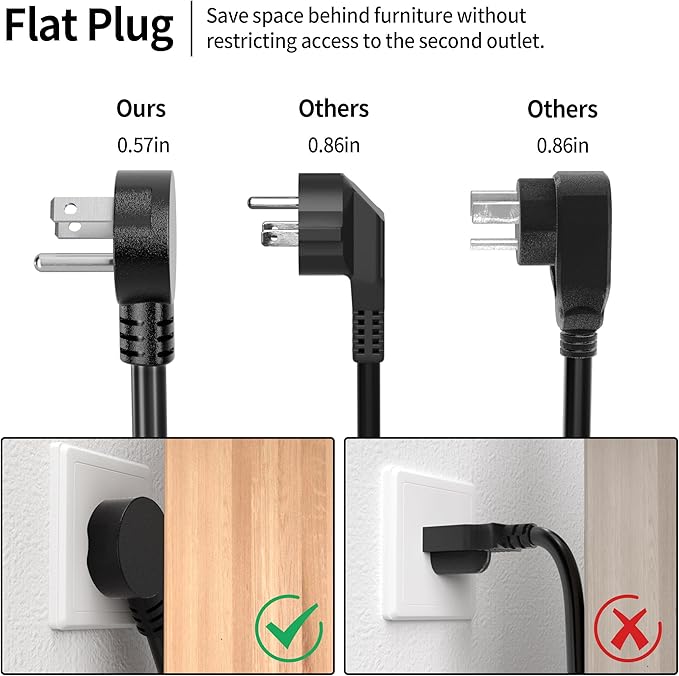 Vockjour 15 FT Black Low Profile Flat Plug 14 Gauge Heavy Duty Extension Cord, 14AWG 3-Wire Grounded Appliance Extension Cord, 15A/125V/1875W SJTW ETL Listed Power Cord