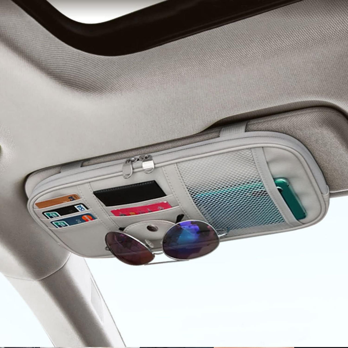 Car Sun Visor Organier Truck SUV Sun Visor Storage Pocket Pouch Holder, Multi-Pocket PU Leather with Zipper Net, for Cards Pens Sunglasses Document (Black)