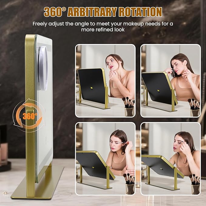 Rechargeable Vanity Mirror with Lights, 3000mAH Battery, 16"×12.4" LED Makeup Mirror, 10X Magnification, Smart Touch with 3-Color Lighting, 360° Rotation, Lighted Up for Makeup Desk, Bedroom (Gold)