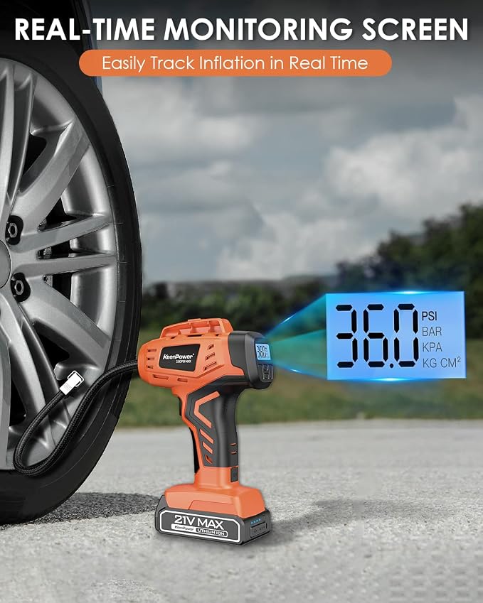 KeenPower Tire Inflator Air Compressor, 21V Cordless Car Tire Pump with Rechargeable Li-ion Battery, 12V Car Power Adapter, Digital Pressure Gauge, Suitable for Cars E-bikes Balls Motorcycles