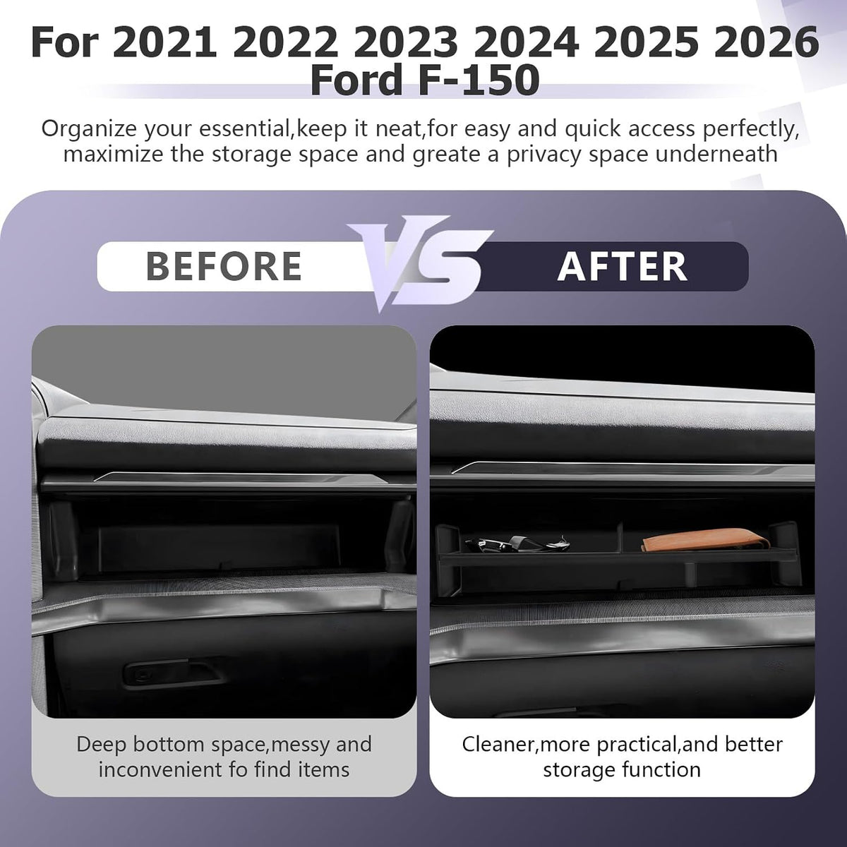 LUWU Glove Box Organizer Compatible with 2021-2025 2026 Ford F150 Accessories Passenger Side Storage Divider Partition Insert Box Glove Storage Compartment Organizer Tray ABS Materials