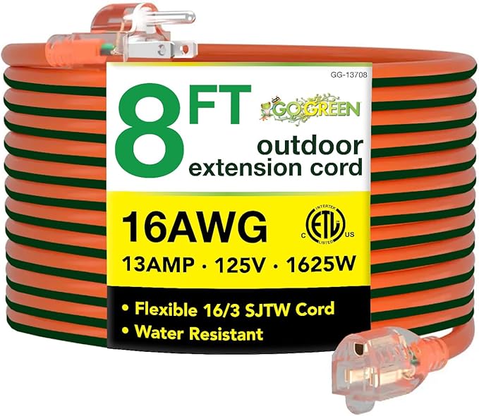 Go Green Power Inc. GG-13708 16/3 Heavy Duty Extension Cord-Orange, 8 ft