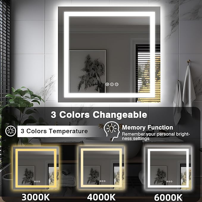 36"x36" Square LED Bathroom Mirror (Front and Backlit), Anti-Fog Vanity Mirror with Lights, Stepless 3 Colors Dimmable Smart Lighted Mirror(Horizontal/Vertical)