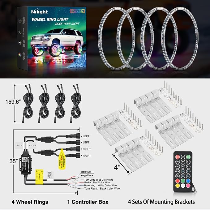 Nilight 4PCS 17.5inch Double Row Wheel Ring Lights Dream Color