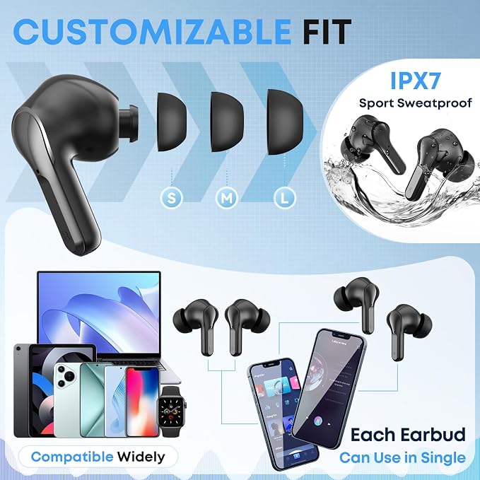 Wireless Earbuds Bluetooth 5.4 Headphones, Noise Cancelling Mic Ear Buds with 50H Playback, LED Digital Display, IPX7 Waterproof Earphones for Office/Running/Workout