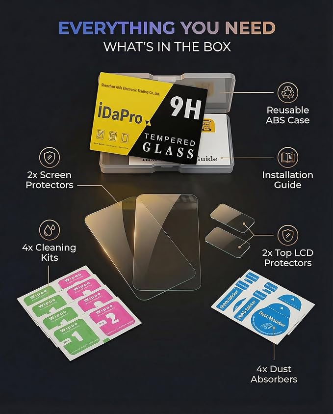 iDaPro Top Glass Screen Protector, Tempered Glass, 9H Hardness, Anti-Scrach