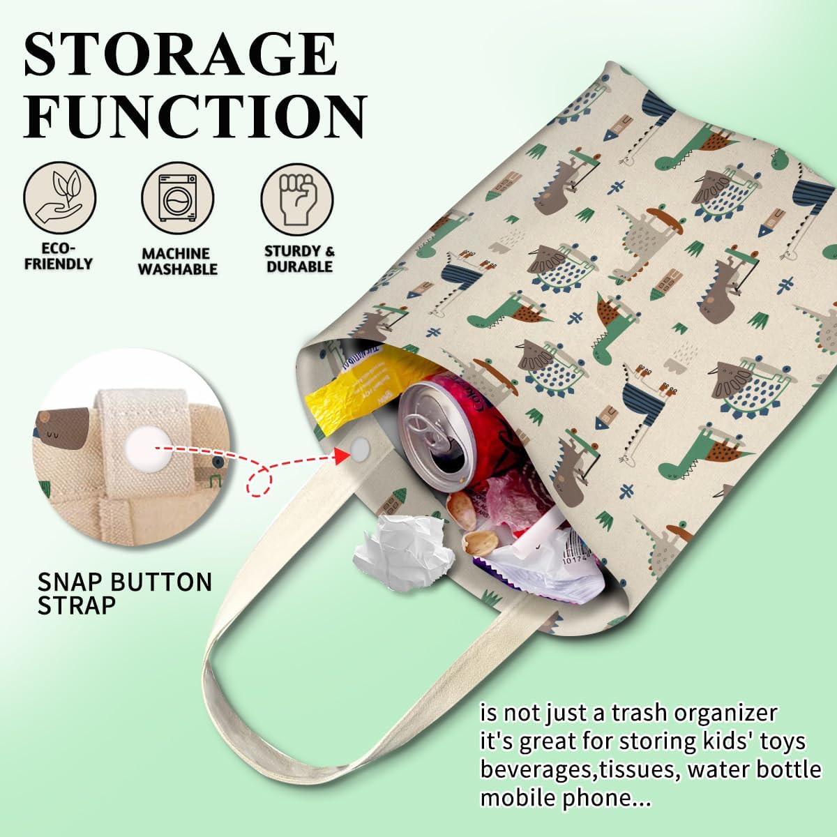 Car Trash Can, Cute Car Trash Bag, Hanging Car Organizer and Storage Bag, Trash Bin for Car Accessories, Vehicle, Travelling, Camping Cute Dinosaur