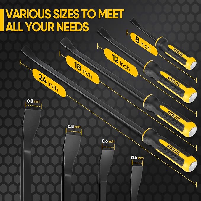 STEELITE Pry Bar Set, 8",12",18",24" Heavy Duty Pry Bar 4-Piece Mechanic Hand Tools with Thicker Strike Cap Ergonomic Handle, Black and Yellow