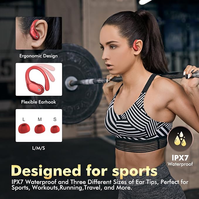 HAOYUYAN Wireless Earbuds, Sports Bluetooth Headphones, Noise Canceling Ear Buds with 80hr Playtime, LED Power Display, IPX7 Waterproof Earphones for Gym/Workout（Red）
