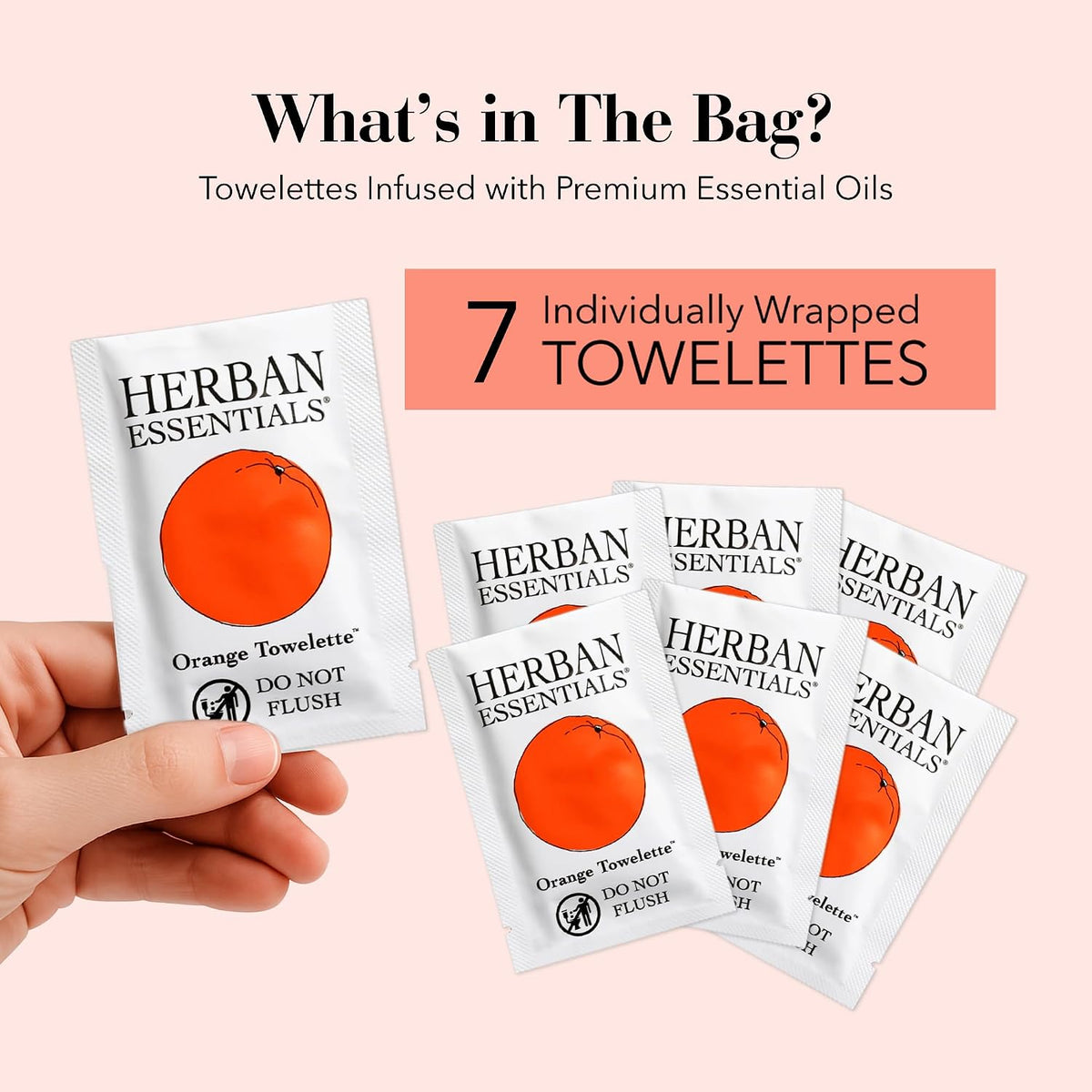 Herban Essentials - Orange Wipes & Towelettes - Essential Oil Wipes for Make Up, Hands, Face & Body - Travel Size Essentials & Toiletries - Natural, Individually Wrapped, Disposable & Moist (7 count)