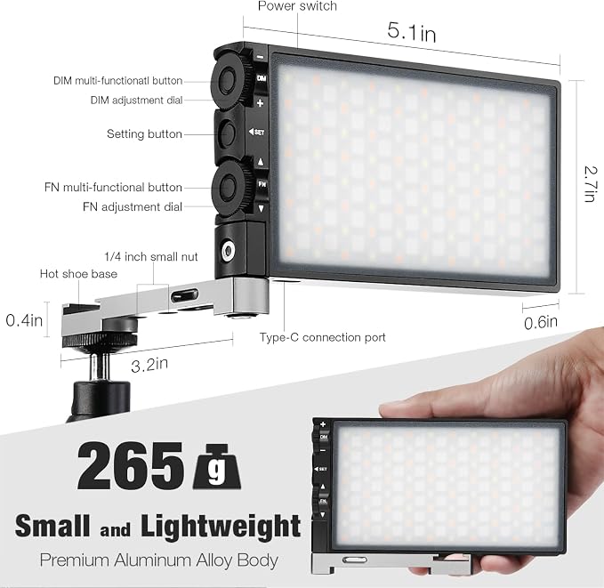Pixel G1s RGB Video Light with APP Control, 12W 210 Minutes Rechargeable